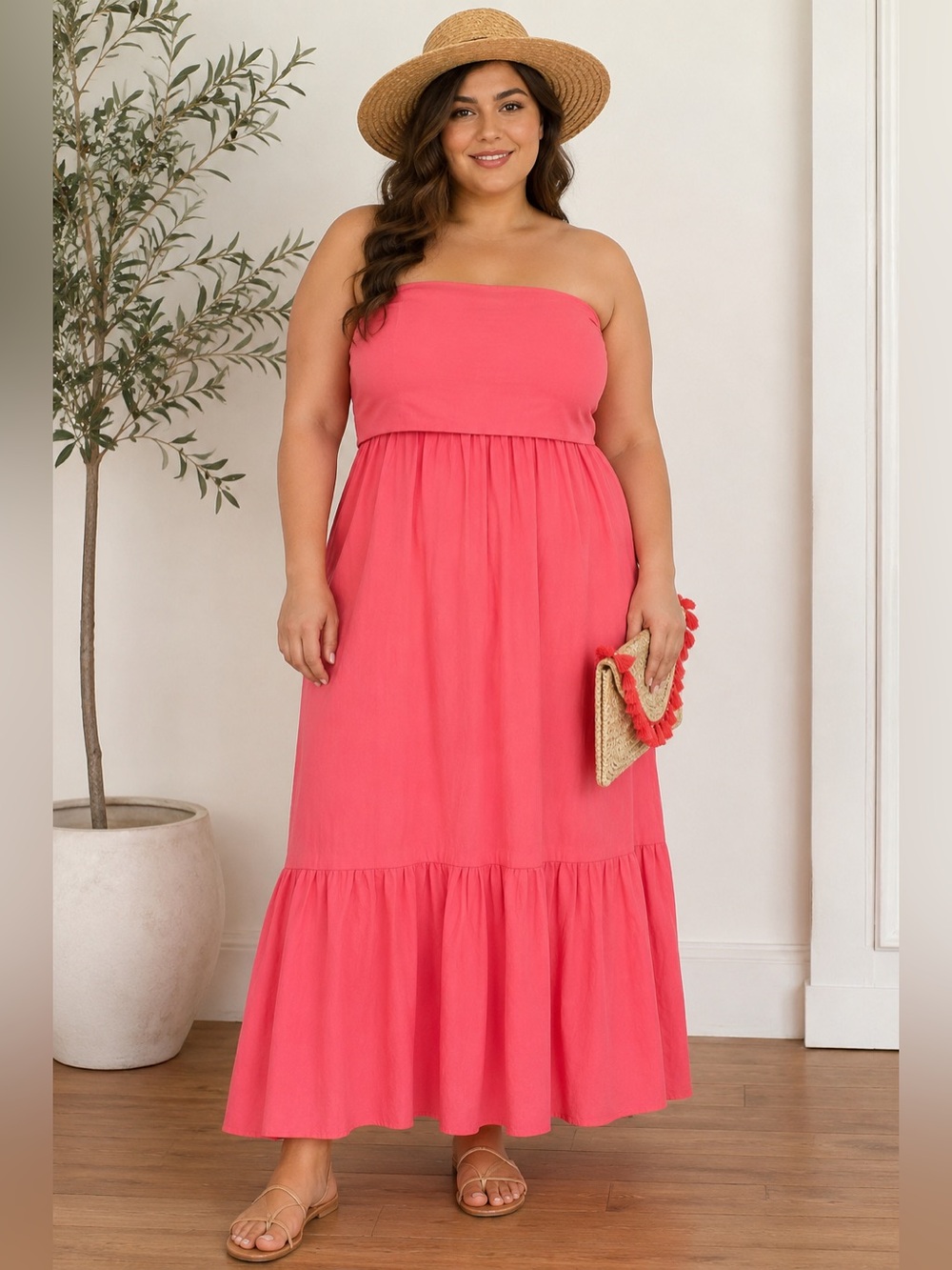 Olivia James Coral Pink Strapless Ruffle Hem Maxi Dress Size L